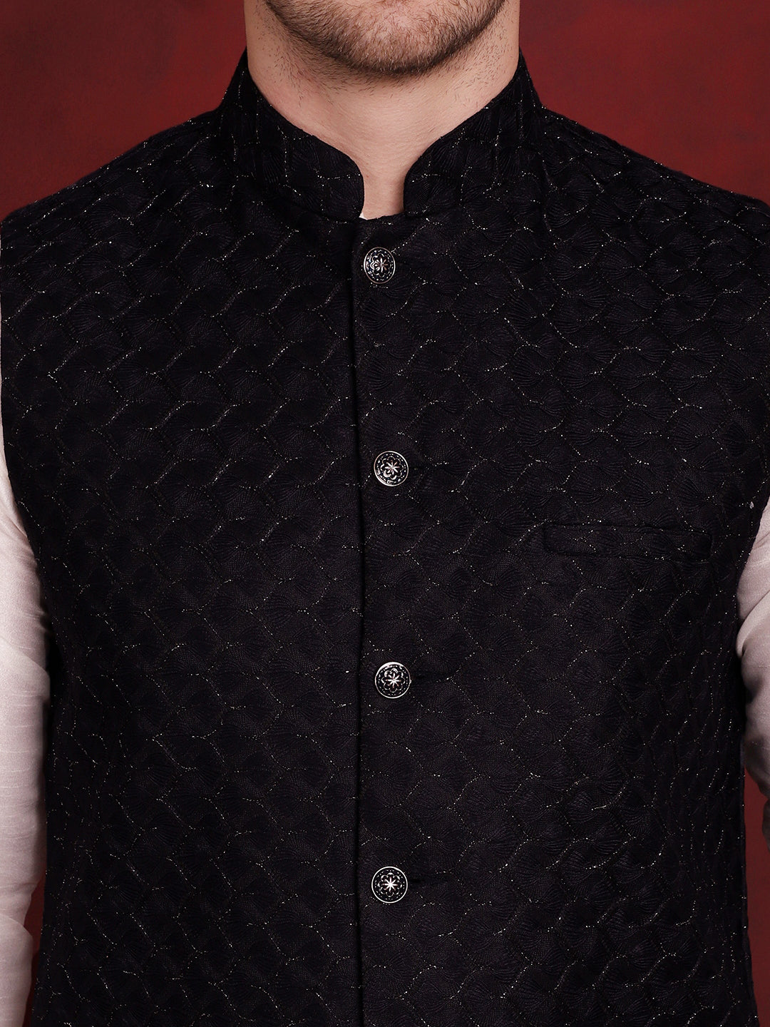 Jompers Men's Navy Blue Woven Design Nehru Jacket - Distacart