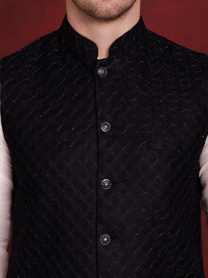 Jompers Men's Navy Blue Woven Design Nehru Jacket - Distacart