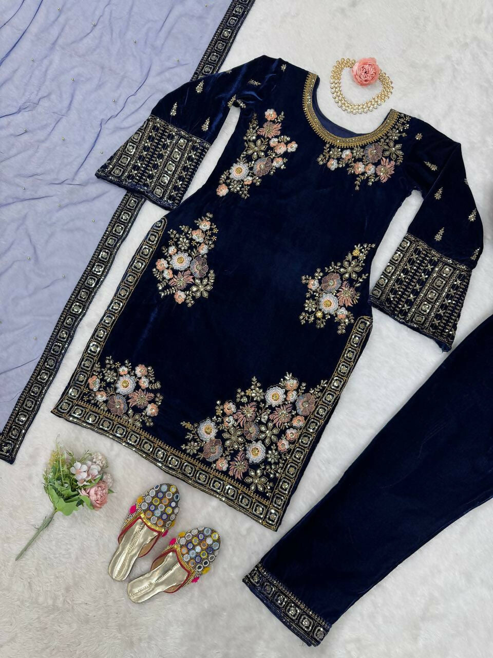 Vastranavya Navy Blue Viscose Velvet Sequence Embroidery Work Kurta & Bottom With Dupatta