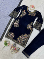 Thumbnail for Vastranavya Navy Blue Viscose Velvet Sequence Embroidery Work Kurta & Bottom With Dupatta