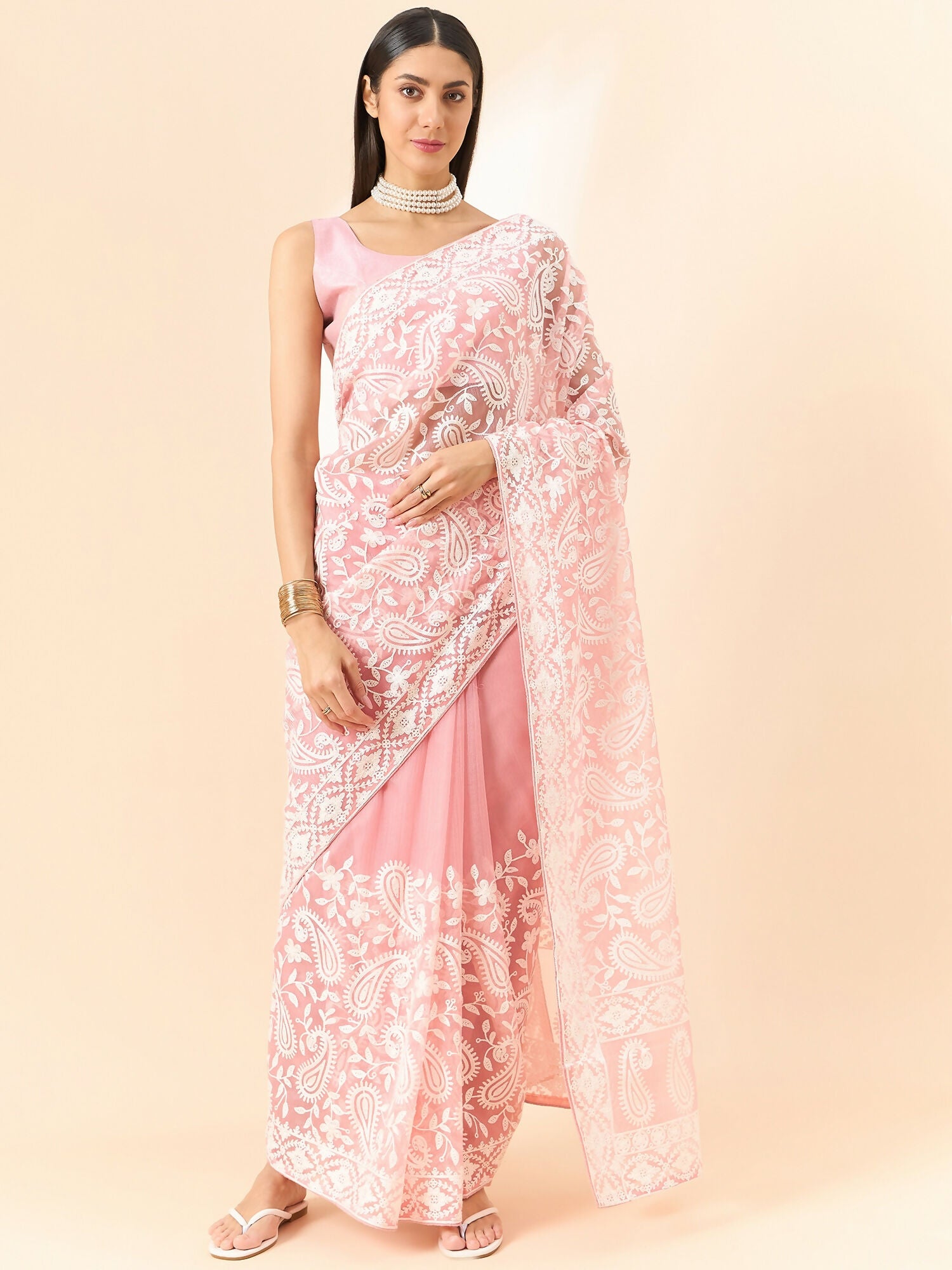 Pink Organza Paisely Embroidered Saree with Unstitched Blouse Piece - Roozal - Distacart