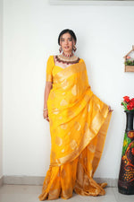 Thumbnail for Malishka Cotton Silk Jacquard Ready To Wear Saree With Blouse Piece - Yellow - Distacart