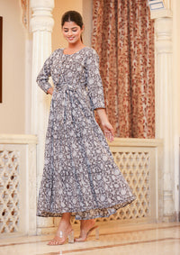 Thumbnail for Kaajh Women's Grey Ethnic Floral Hand Block Print Cotton Dress - Distacart