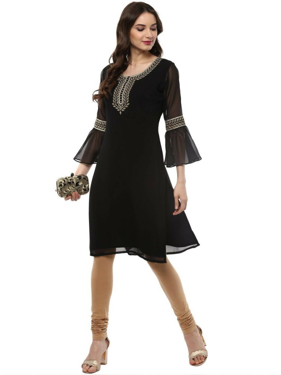 Ahalyaa Women's Black Georgette Glitter Print Kurta - Distacart