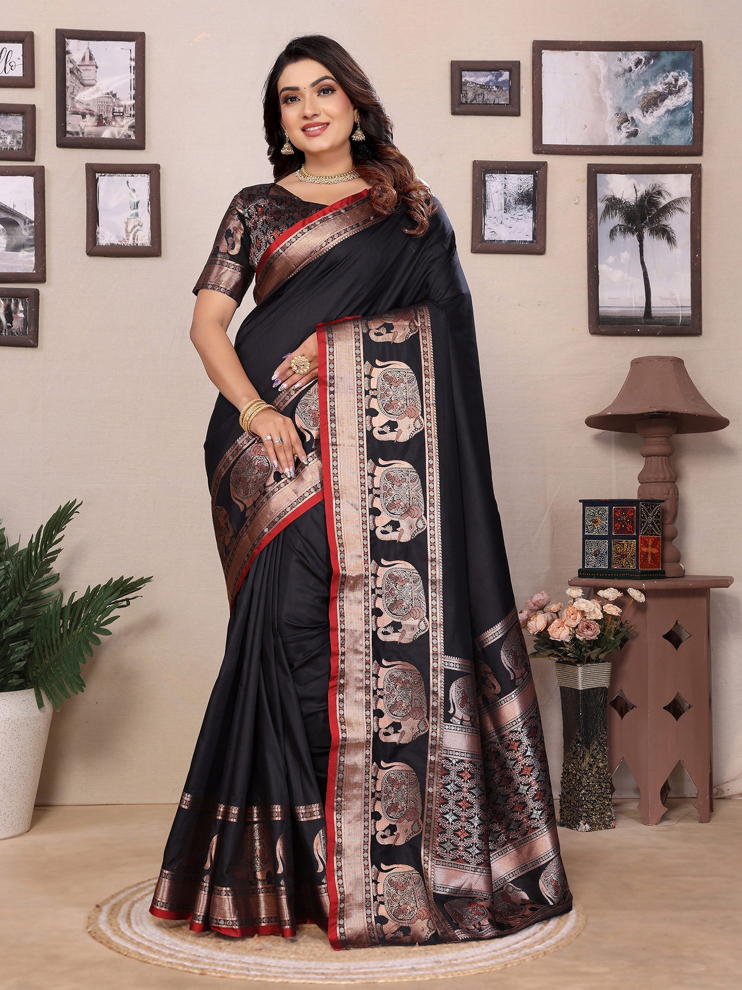 Elora Black Soft Silk Solid Self Jacquard Weaving Banarasi Saree - Dista