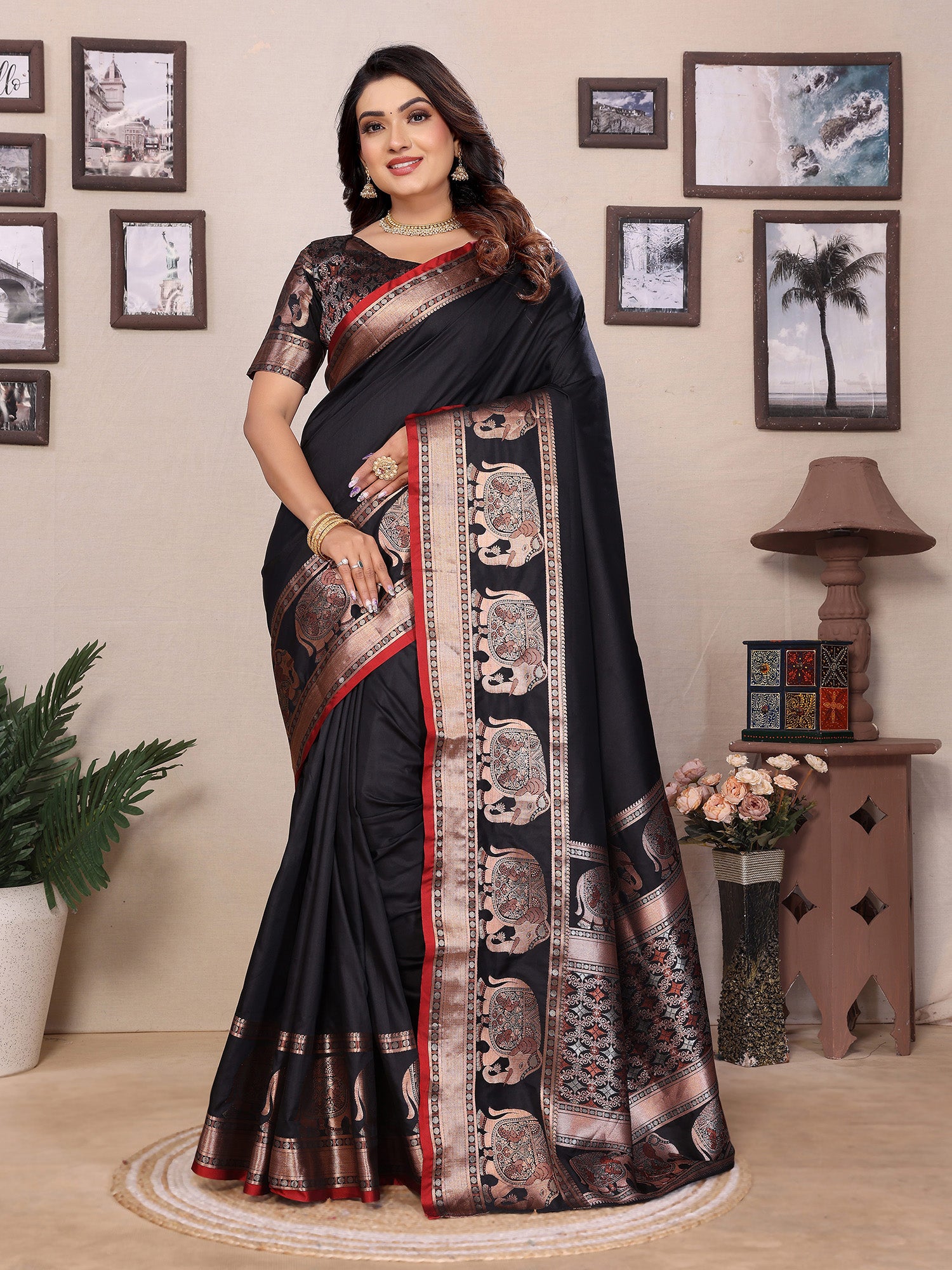 Elora Black Soft Silk Solid Self Jacquard Weaving Banarasi Saree - Dista