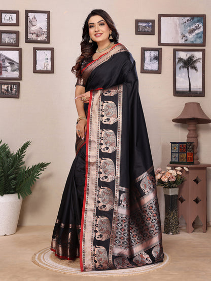 Elora Black Soft Silk Solid Self Jacquard Weaving Banarasi Saree - Dista