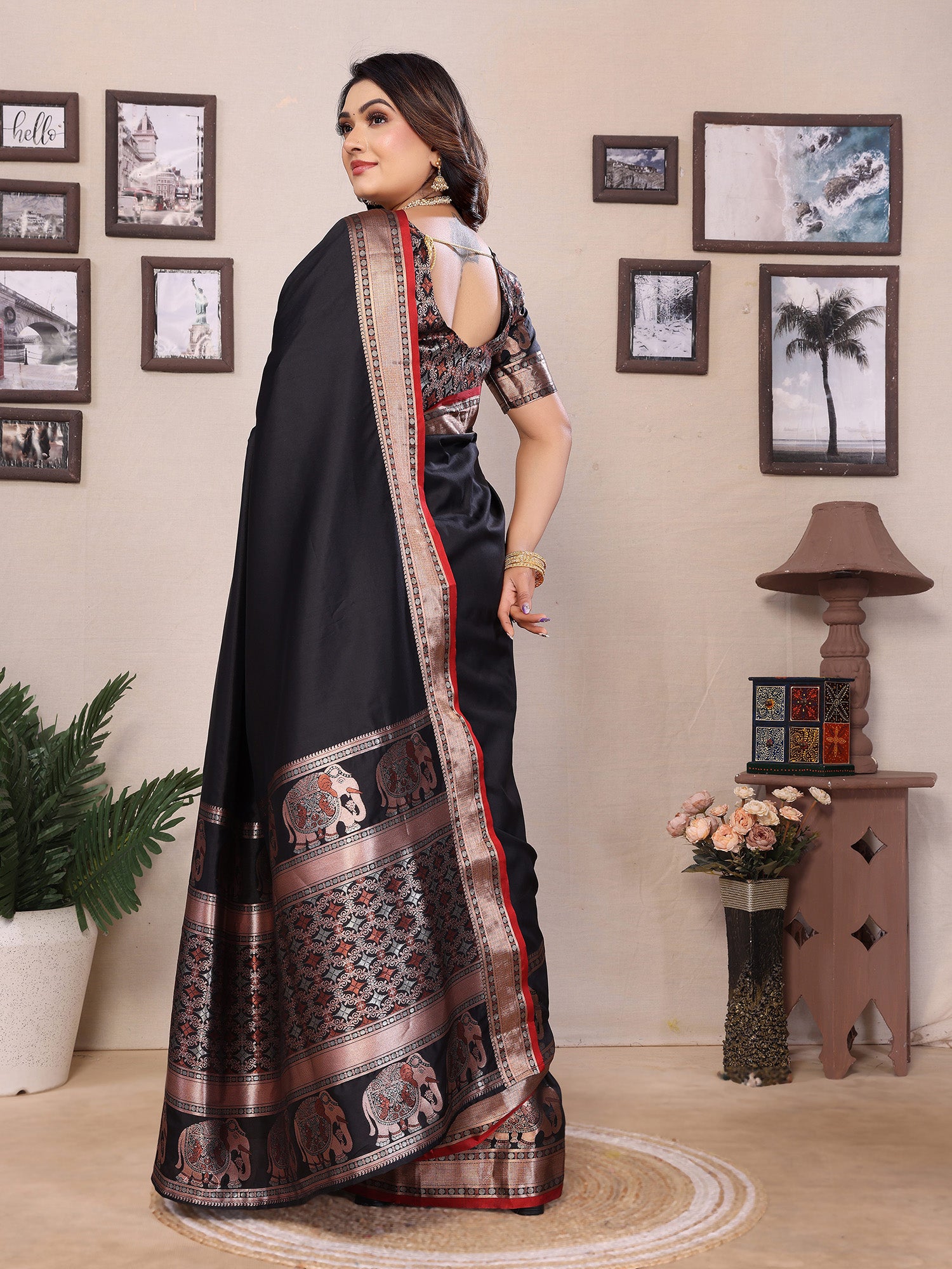 Elora Black Soft Silk Solid Self Jacquard Weaving Banarasi Saree - Dista