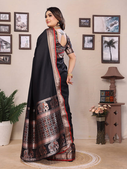 Elora Black Soft Silk Solid Self Jacquard Weaving Banarasi Saree - Dista
