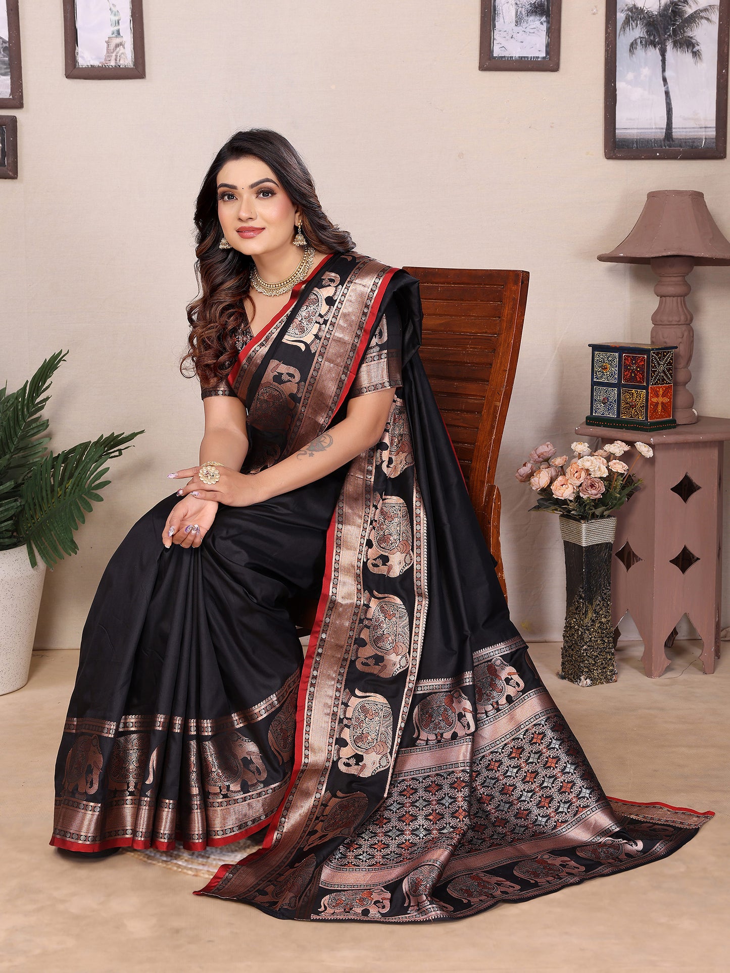 Elora Black Soft Silk Solid Self Jacquard Weaving Banarasi Saree - Dista