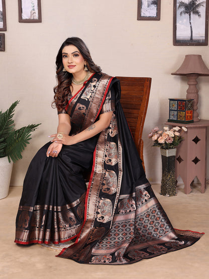 Elora Black Soft Silk Solid Self Jacquard Weaving Banarasi Saree - Dista