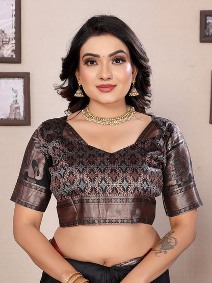 Elora Black Soft Silk Solid Self Jacquard Weaving Banarasi Saree - Dista