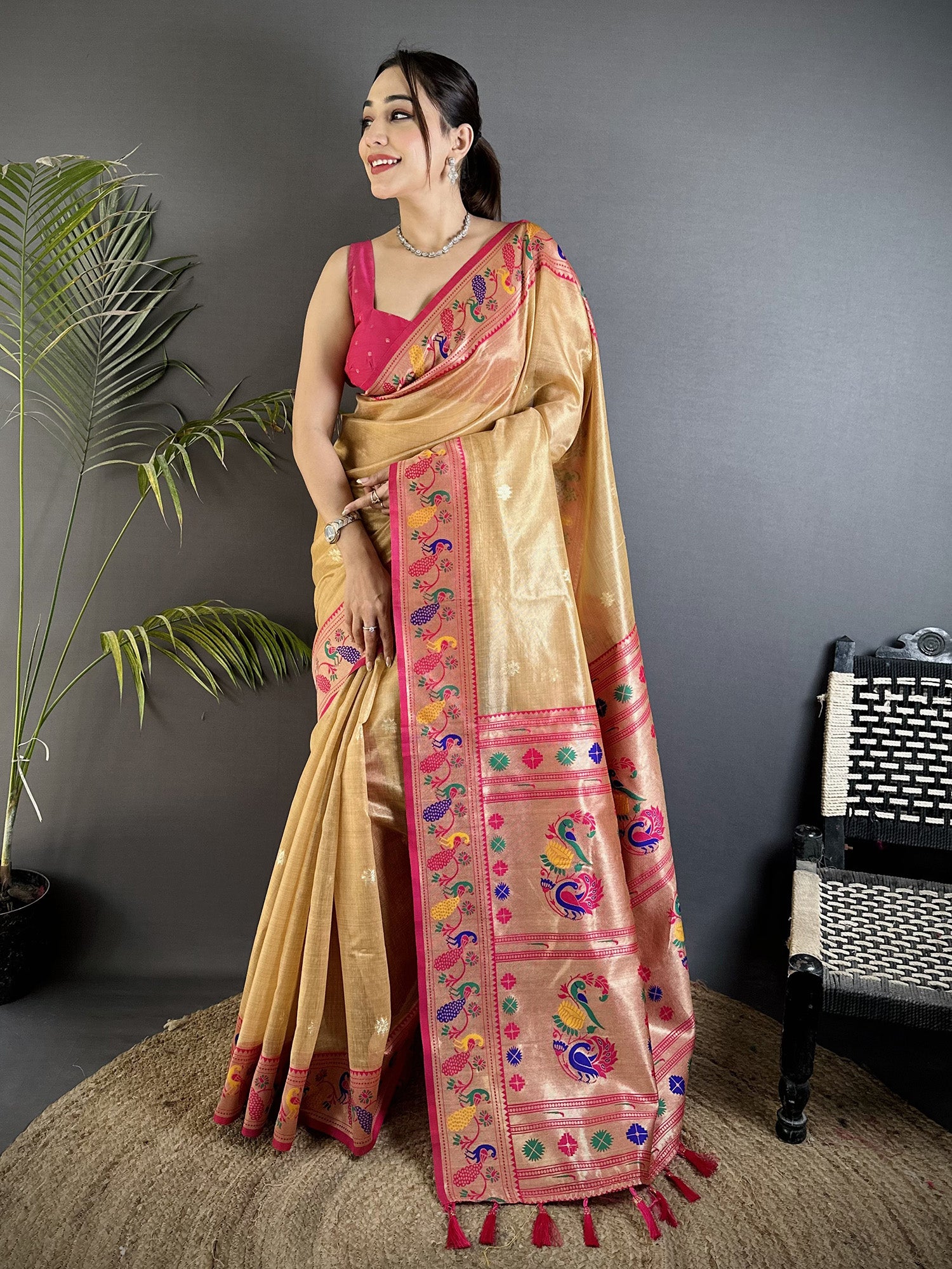 Elora Beige Tissue Zari Weaving Minakari Work Paithani Saree With Mor Border - Dista