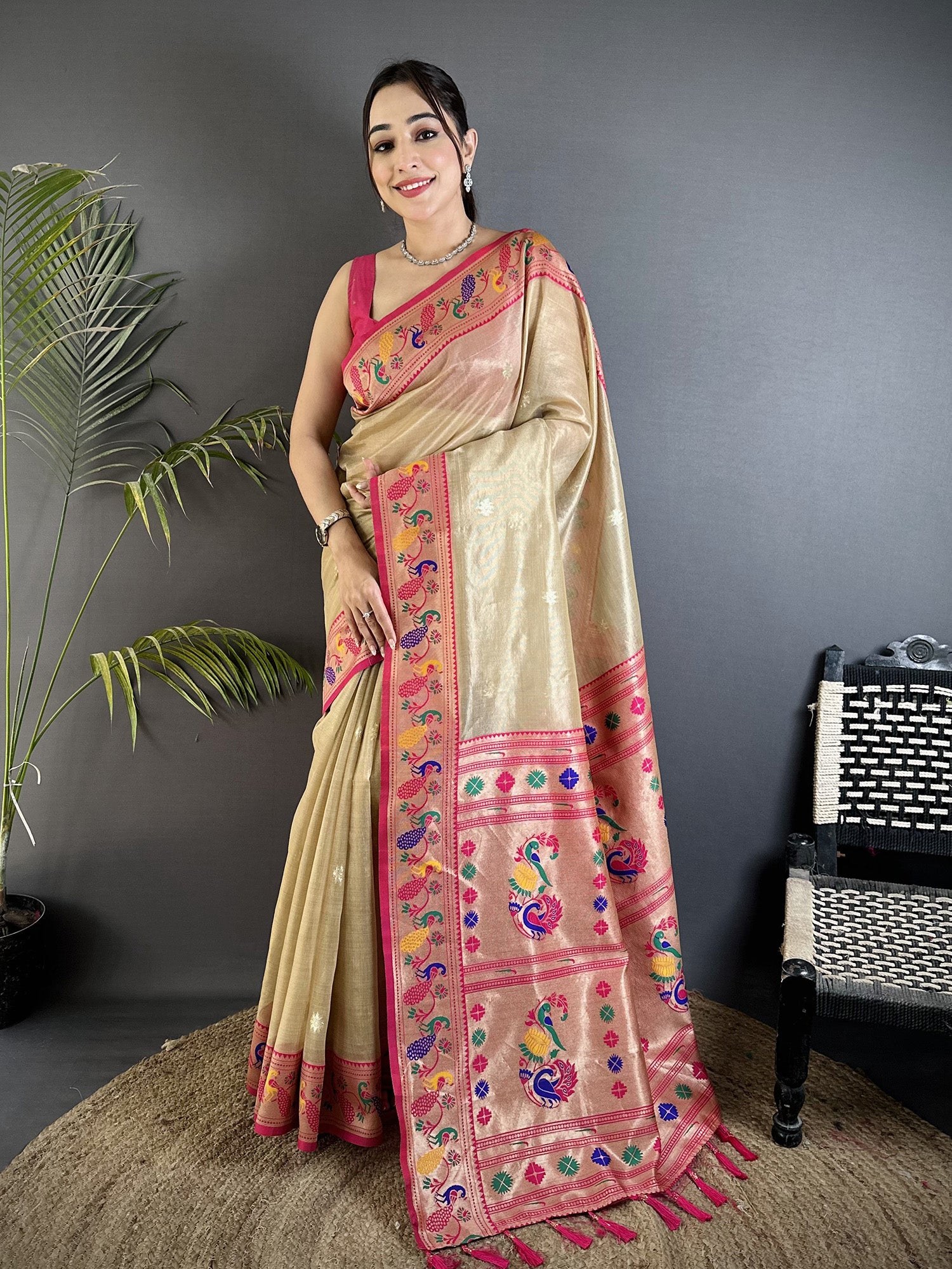 Elora Beige Tissue Zari Weaving Minakari Work Paithani Saree With Mor Border - Dista