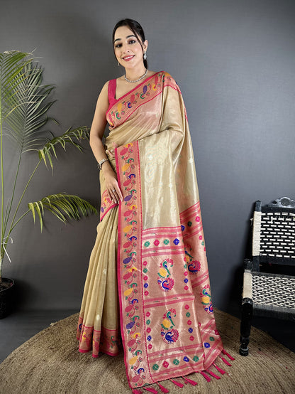 Elora Beige Tissue Zari Weaving Minakari Work Paithani Saree With Mor Border - Dista