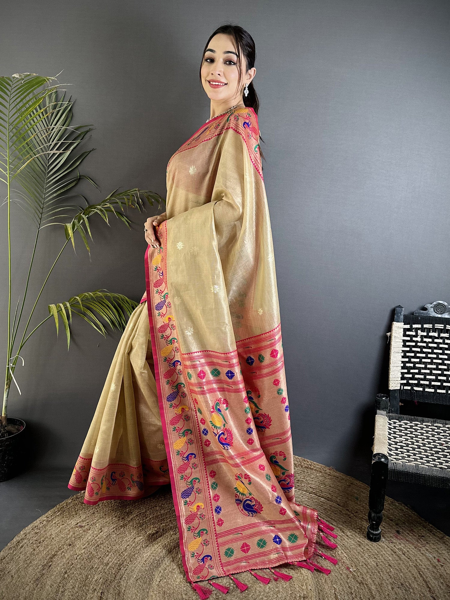 Elora Beige Tissue Zari Weaving Minakari Work Paithani Saree With Mor Border - Dista
