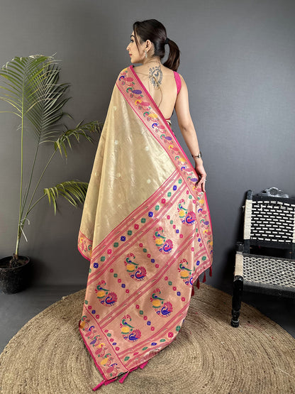 Elora Beige Tissue Zari Weaving Minakari Work Paithani Saree With Mor Border - Dista