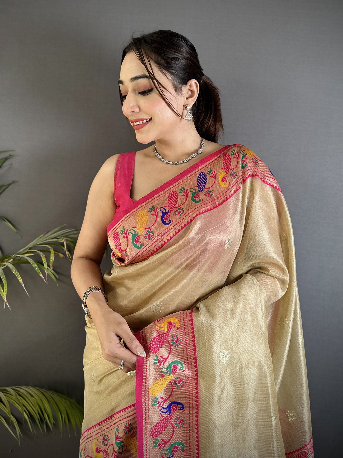 Elora Beige Tissue Zari Weaving Minakari Work Paithani Saree With Mor Border - Dista