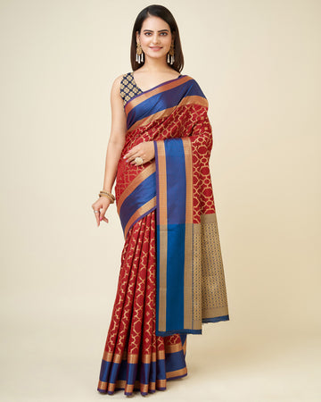 Elora Red Lichi Silk Woven Design Jacquard Weaving Kanchipuram Saree - Dista
