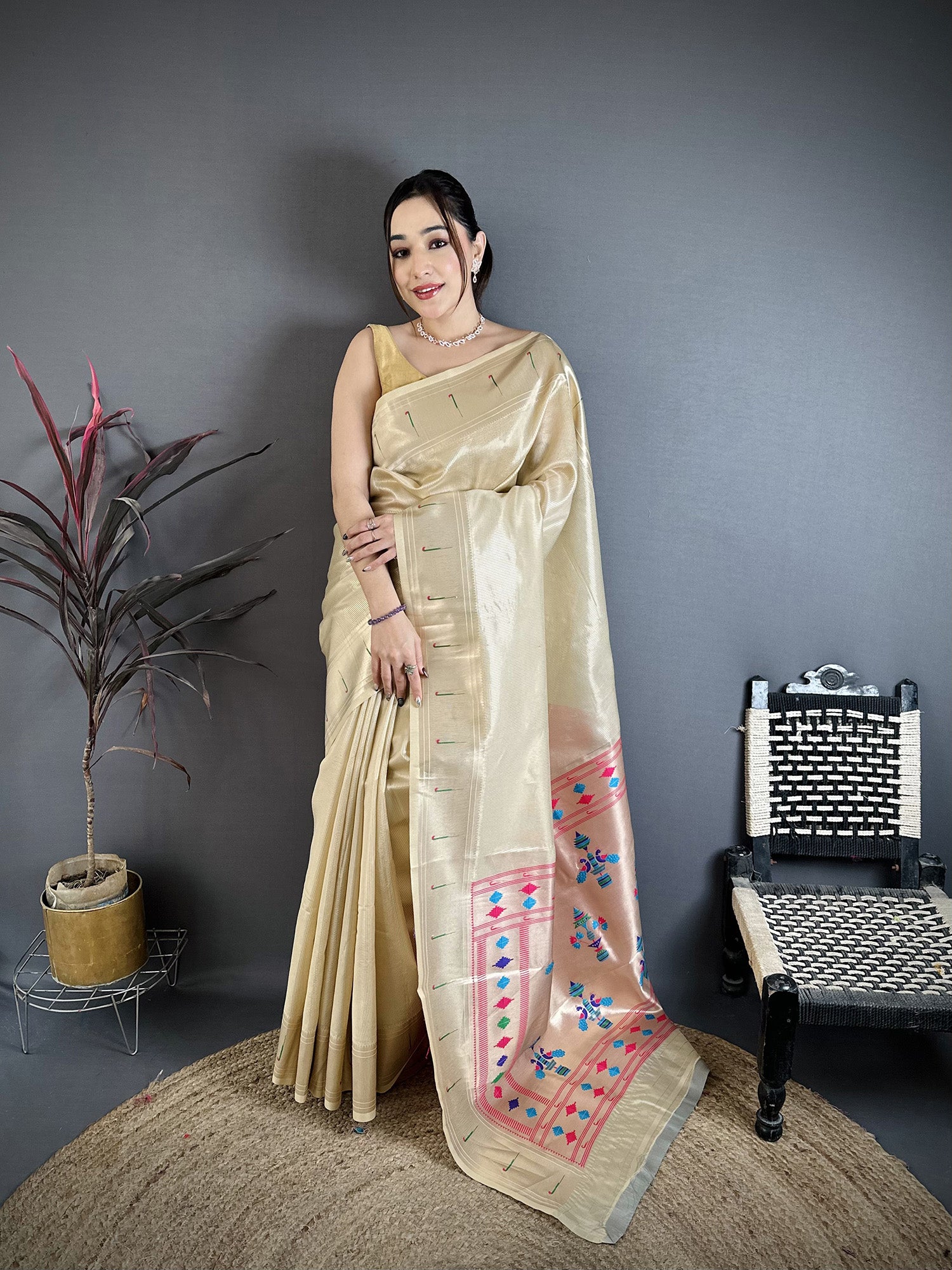 Elora Beige Tissue Solid Zari Weaving Paithani Saree With Muniya Border - Dista