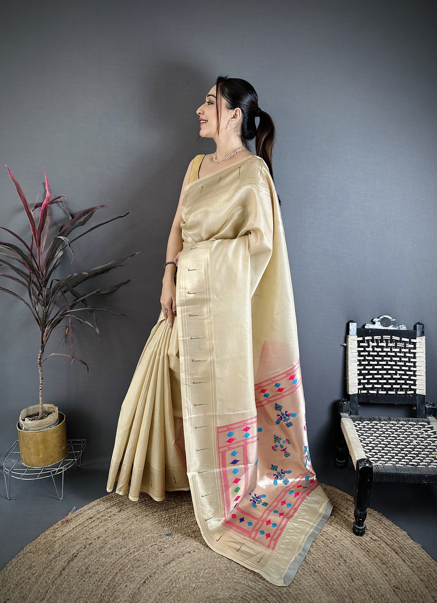 Elora Beige Tissue Solid Zari Weaving Paithani Saree With Muniya Border - Dista