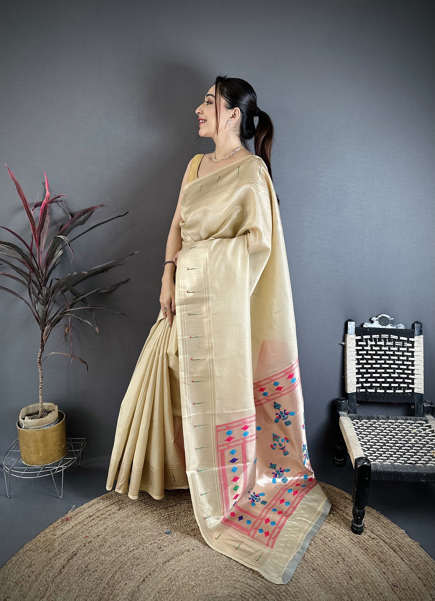 Elora Beige Tissue Solid Zari Weaving Paithani Saree With Muniya Border - Dista