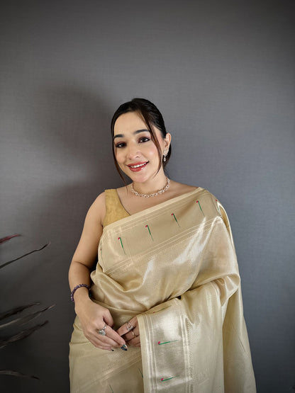 Elora Beige Tissue Solid Zari Weaving Paithani Saree With Muniya Border - Dista