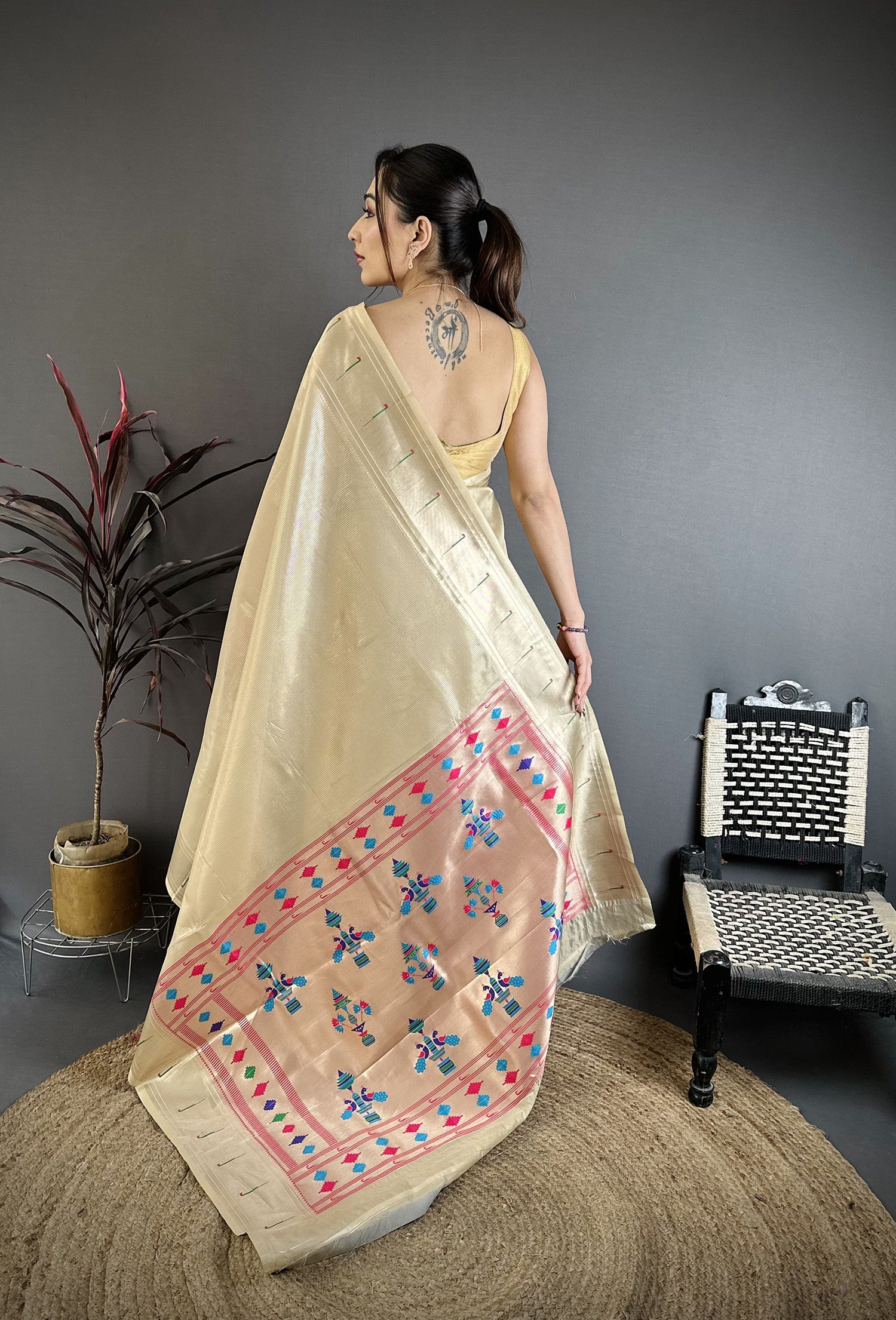 Elora Beige Tissue Solid Zari Weaving Paithani Saree With Muniya Border - Dista