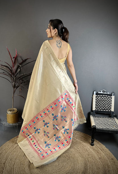 Elora Beige Tissue Solid Zari Weaving Paithani Saree With Muniya Border - Dista