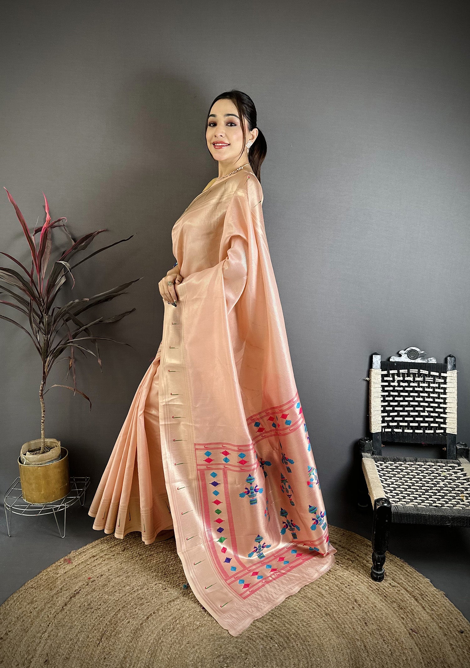 Elora Peach Tissue Solid Zari Weaving Paithani Saree With Muniya Border - Dista