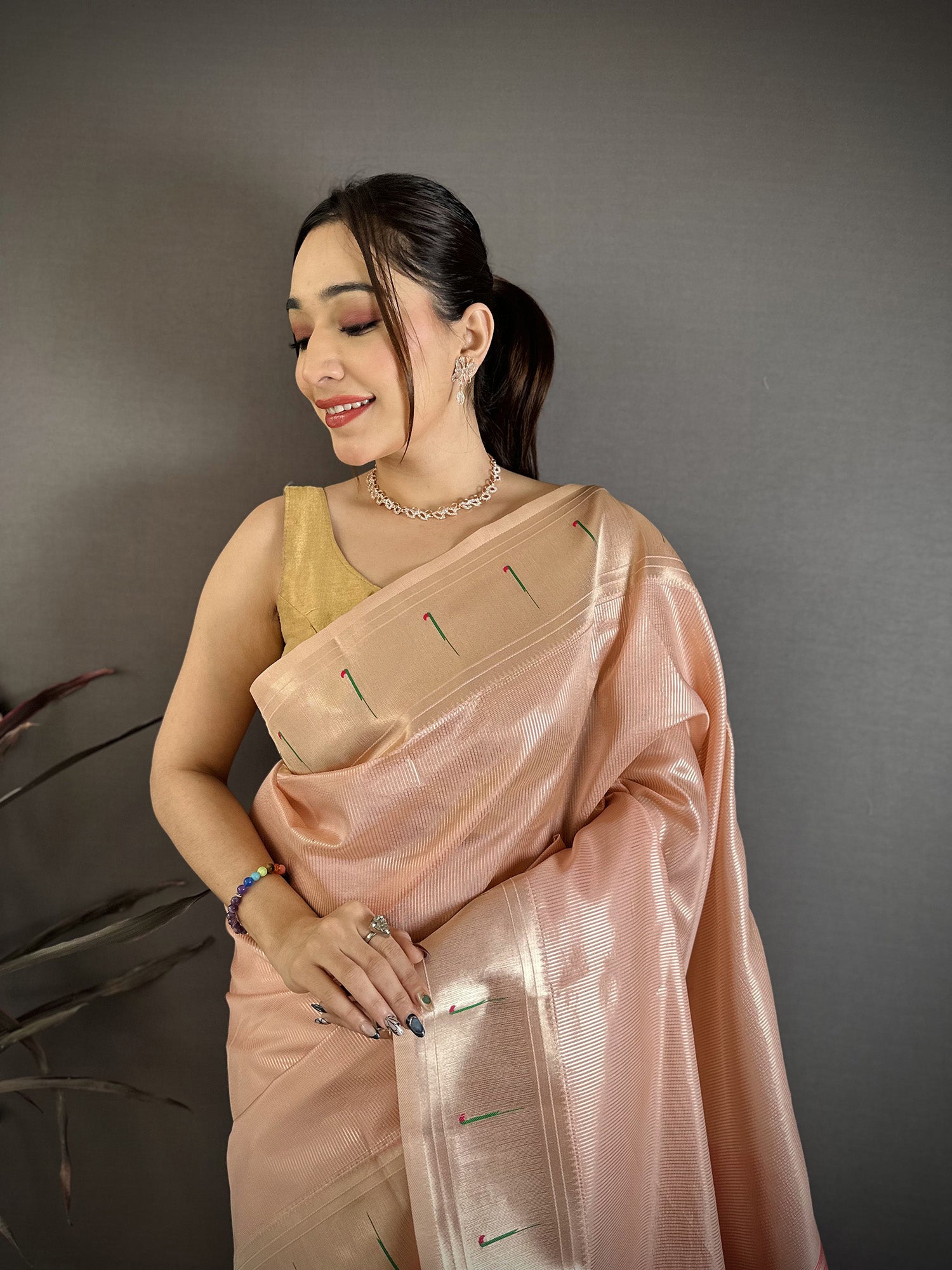Elora Peach Tissue Solid Zari Weaving Paithani Saree With Muniya Border - Dista