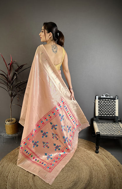 Elora Peach Tissue Solid Zari Weaving Paithani Saree With Muniya Border - Dista
