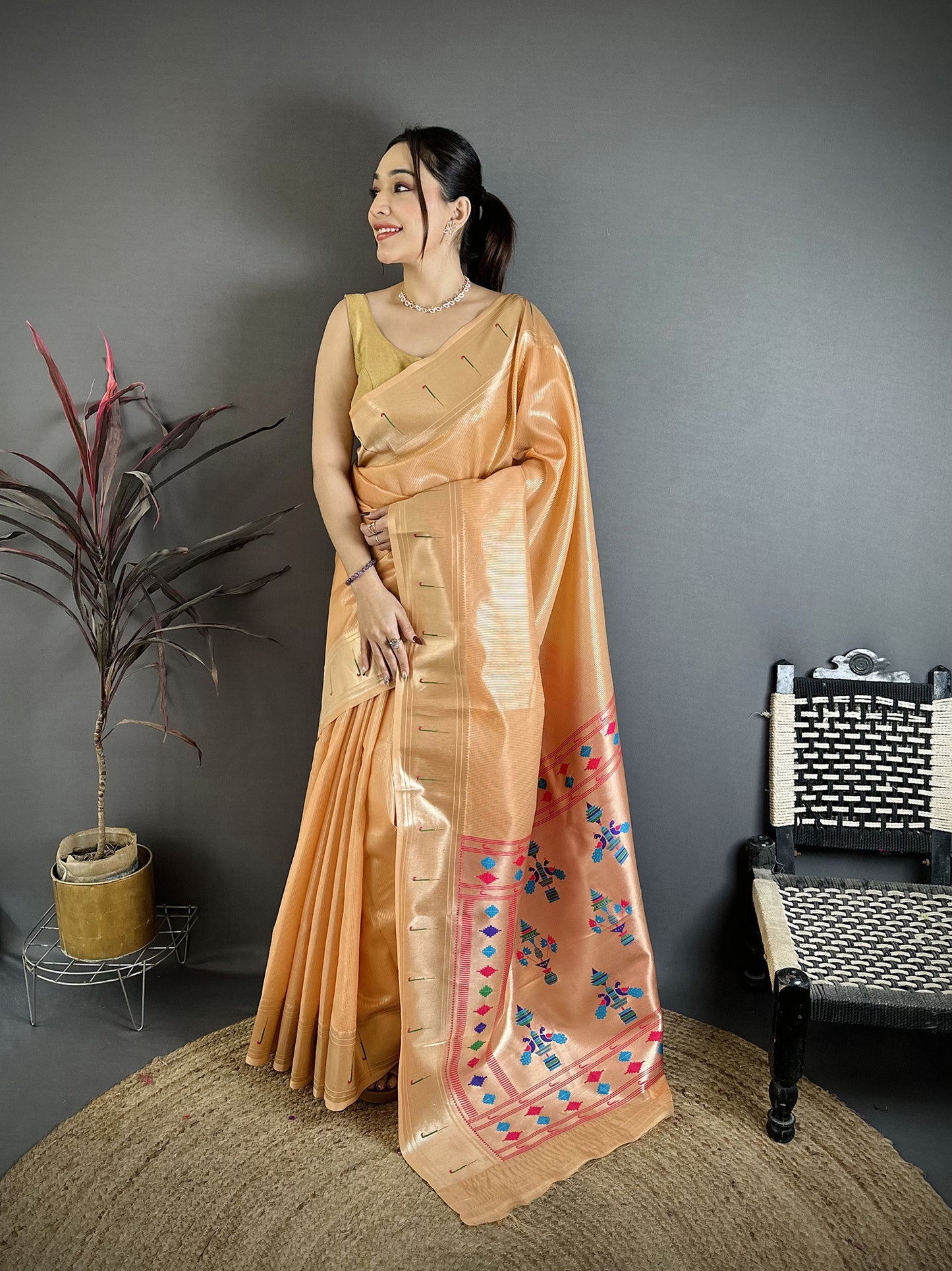 Elora Orange Tissue Solid Zari Weaving Paithani Saree With Muniya Border - Dista