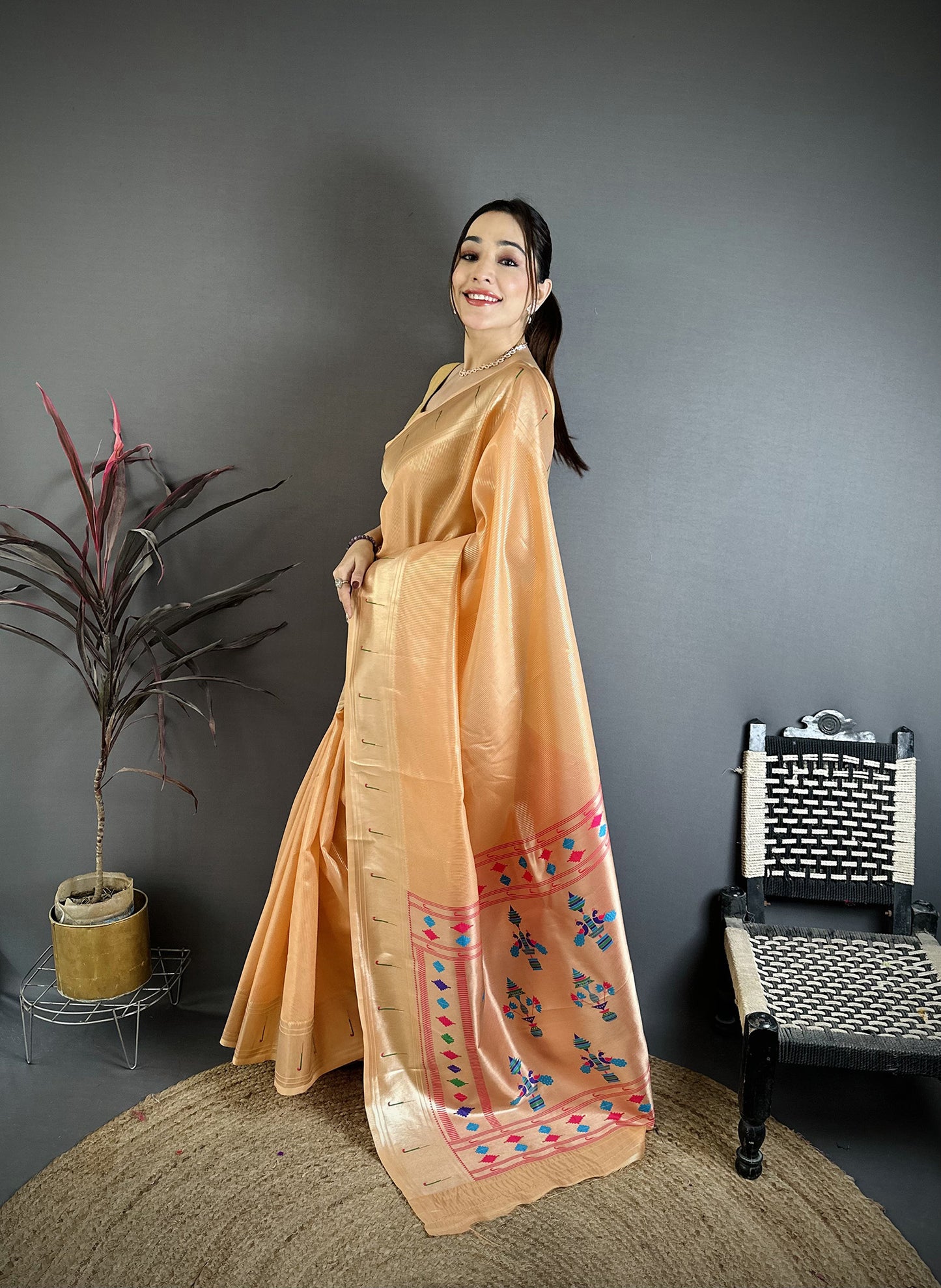 Elora Orange Tissue Solid Zari Weaving Paithani Saree With Muniya Border - Dista