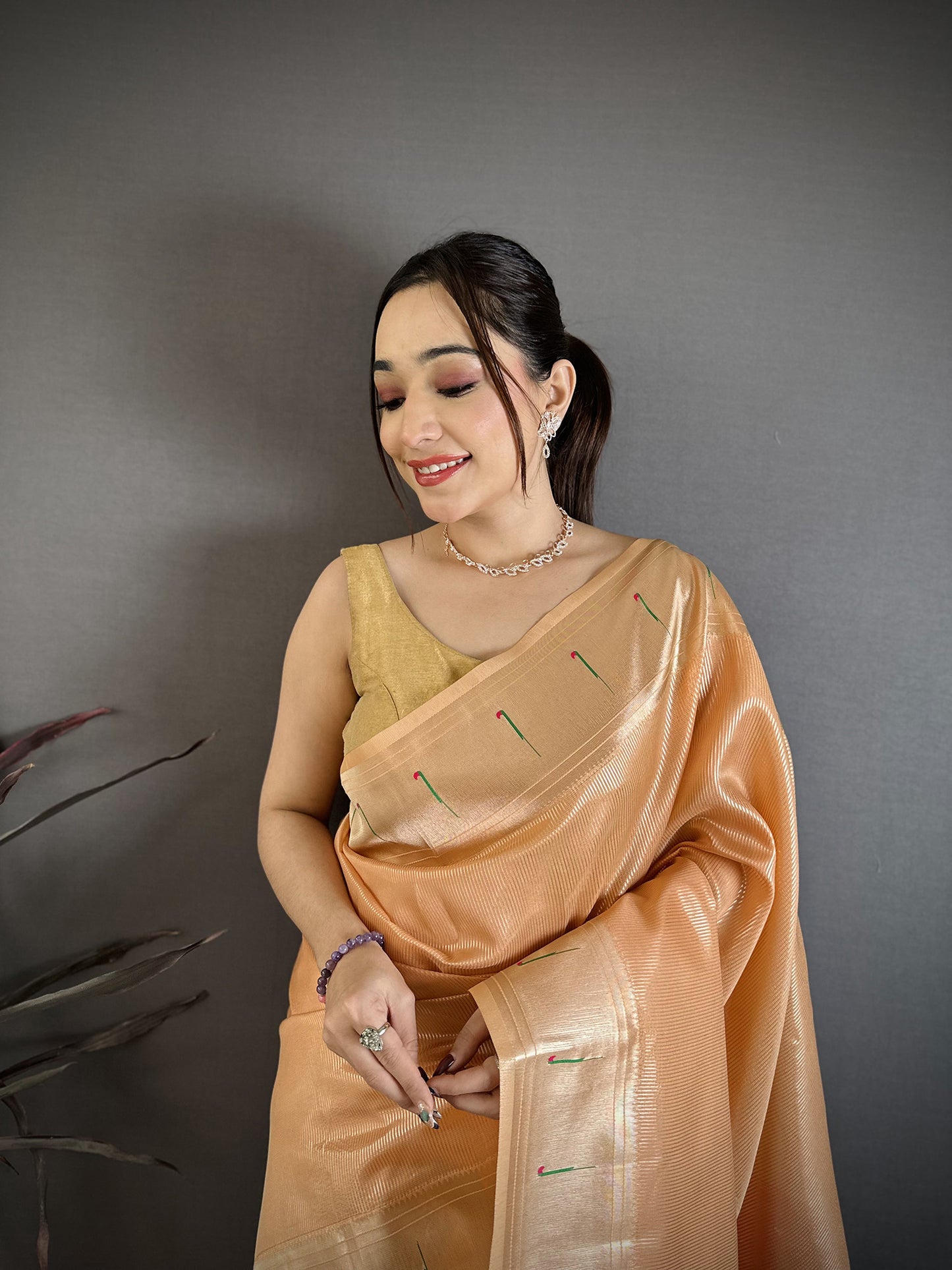Elora Orange Tissue Solid Zari Weaving Paithani Saree With Muniya Border - Dista