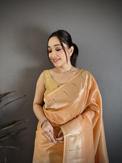 Elora Orange Tissue Solid Zari Weaving Paithani Saree With Muniya Border - Dista