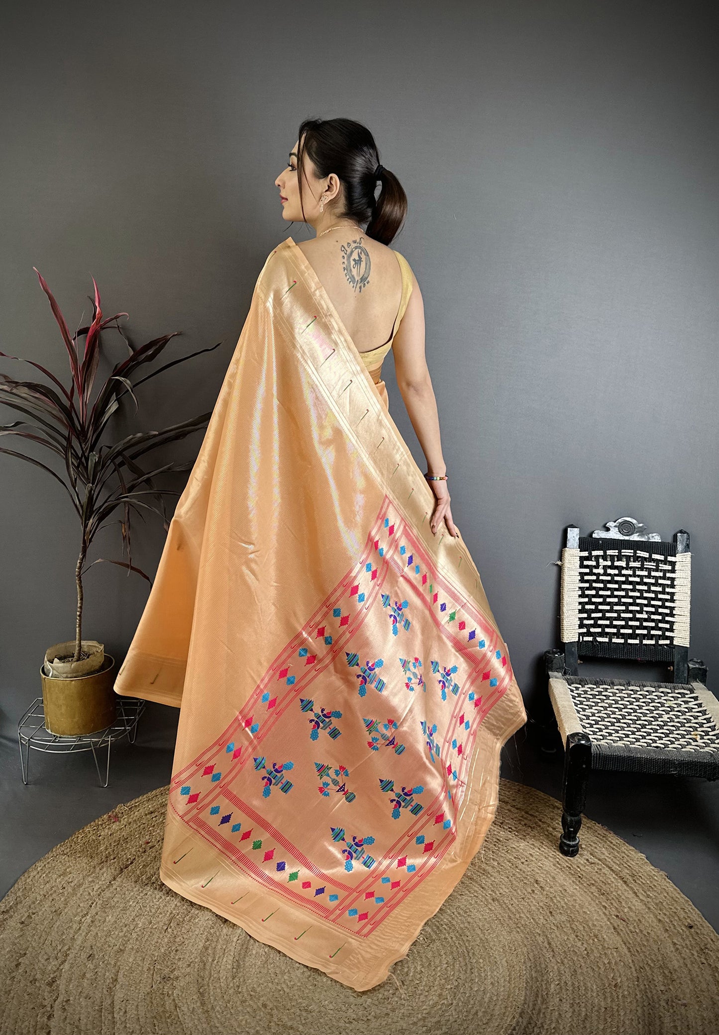 Elora Orange Tissue Solid Zari Weaving Paithani Saree With Muniya Border - Dista