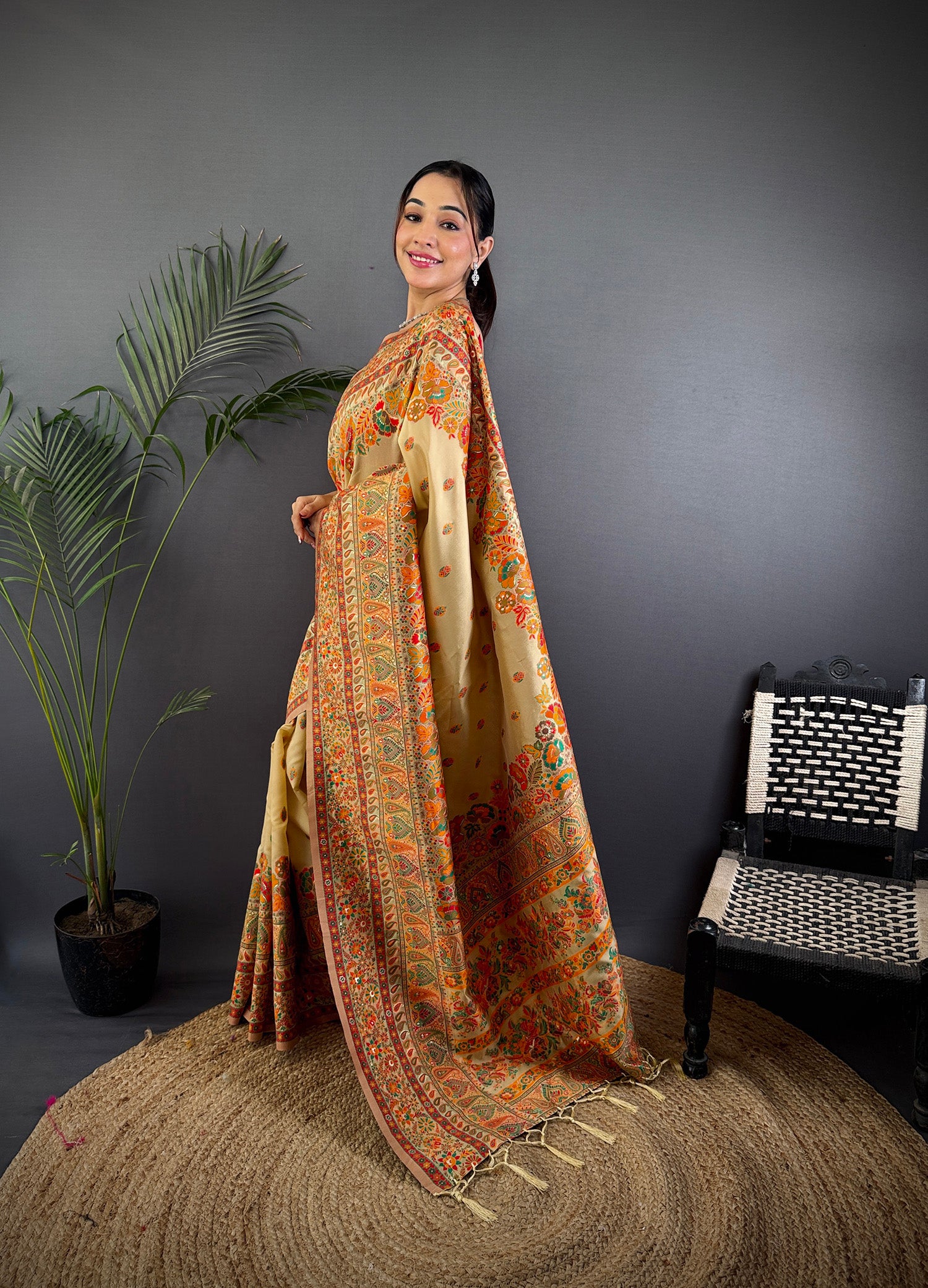 Elora Beige Pashmina Silk Meenakari Weaving Madhubani Design Kashmiri Saree - Dista