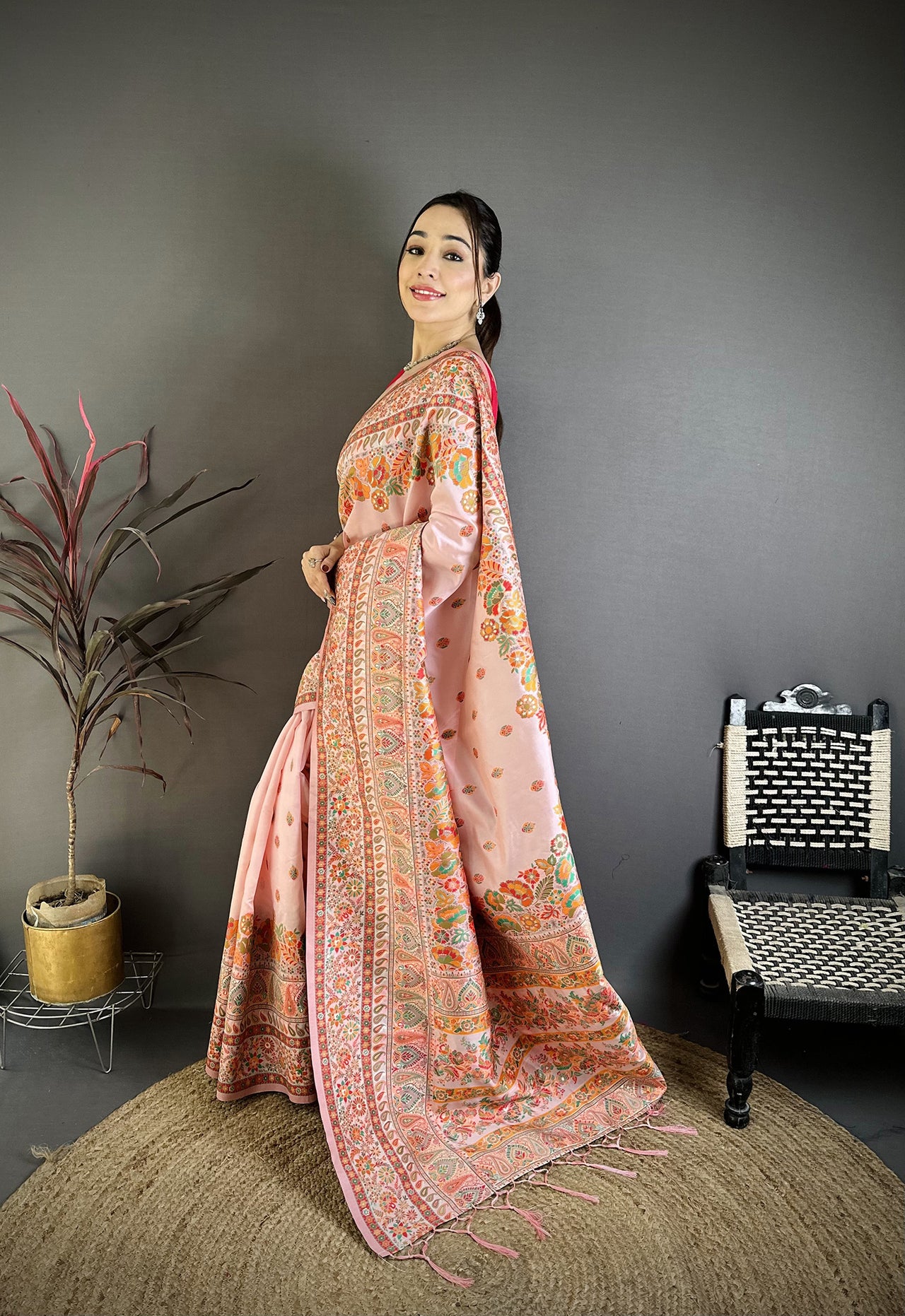 Elora Peach Pashmina Silk Meenakari Weaving Madhubani Design Kashmiri Saree - Dista