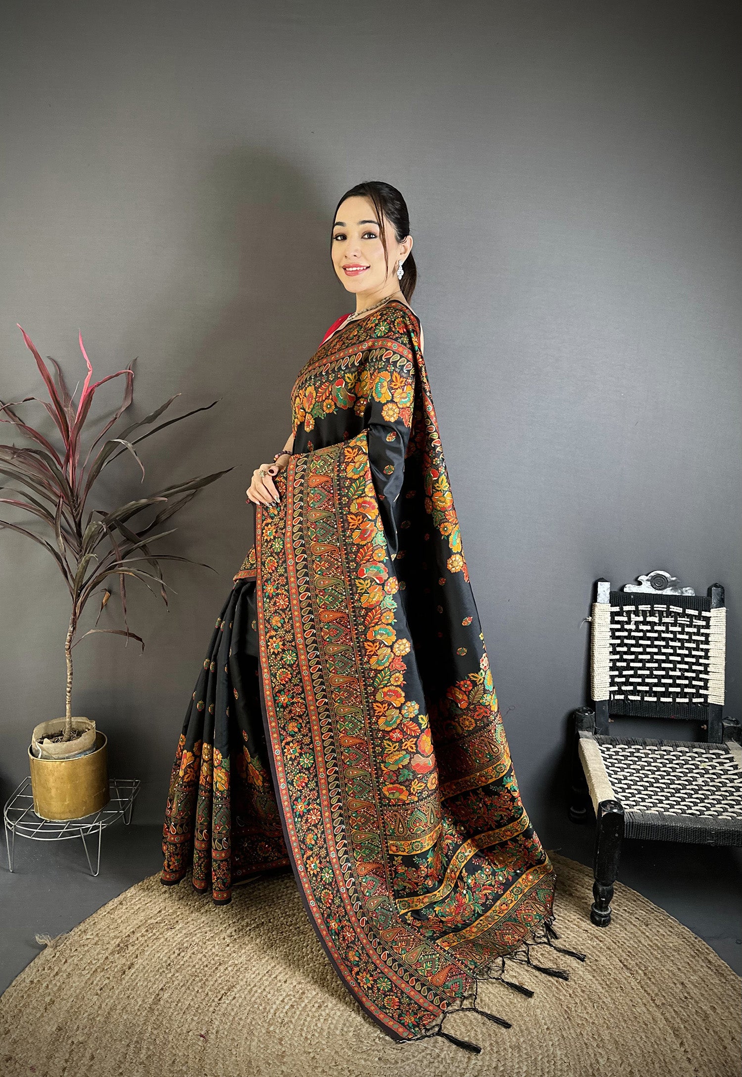 Elora Black Pashmina Silk Meenakari Weaving Madhubani Design Kashmiri Saree - Dista