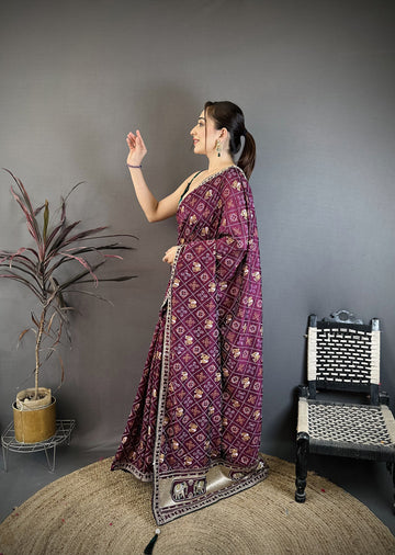 Elora Wine Vichitra Silk Animal Motifs Foil Print Sequence & Zari Embroidery Work Bandhani Saree - Dista