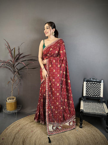 Elora Maroon Vichitra Silk Animal Motifs Foil Print Sequence & Zari Embroidery Work Bandhani Saree - Dista