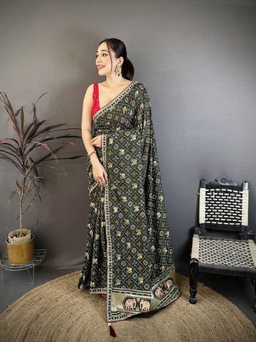 Elora Dark Green Vichitra Silk Animal Motifs Foil Print Sequence Embroidery Work Bandhani Saree - Dista