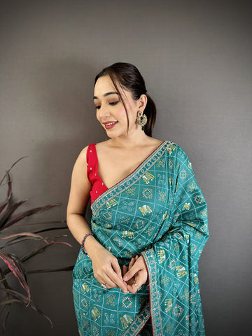 Elora Rama Green Vichitra Silk Animal Motifs Foil Print Sequence Embroidery Work Bandhani Saree - Dista