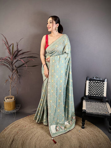Elora Sea Green Vichitra Silk Animal Motif Foil Print Sequence Embroidery Work Bandhani Saree - Dista