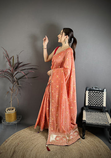 Elora Peach Vichitra Silk Animal Motifs Foil Print Sequence & Zari Embroidery Work Bandhani Saree - Dista