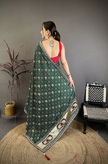 Elora Green Vichitra Silk Animal Motifs Foil Print Sequence & Zari Embroidery Work Bandhani Saree - Dista