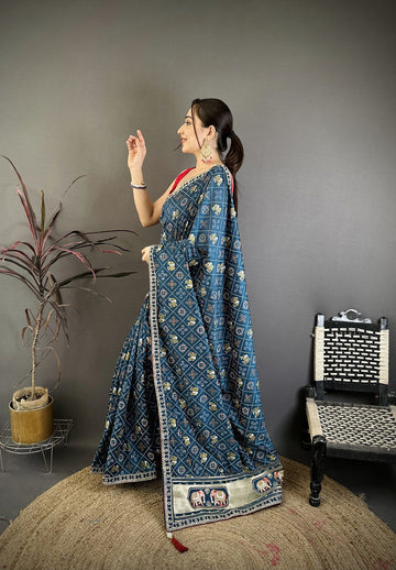 Elora Blue Vichitra Silk Animal Motifs Foil Print Sequence & Zari Embroidery Work Bandhani Saree - Dista