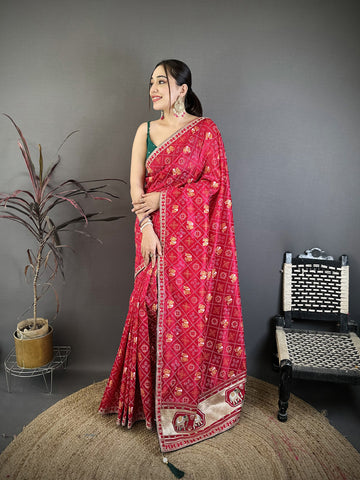 Elora Hot Pink Vichitra Silk Animal Motifs Foil Print Sequence Embroidery Work Bandhani Saree - Dista