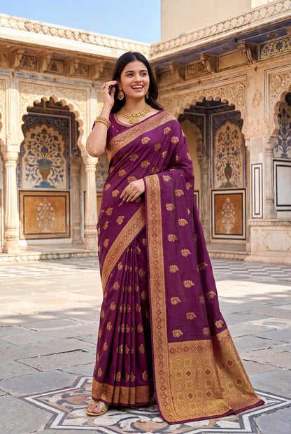 Elora Wine Soft Banarasi Silk Woven Designer Saree - Dista